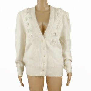 Vintage Angora Wool Knot White Beaded Floral Fuzzy Cardigan Sweater